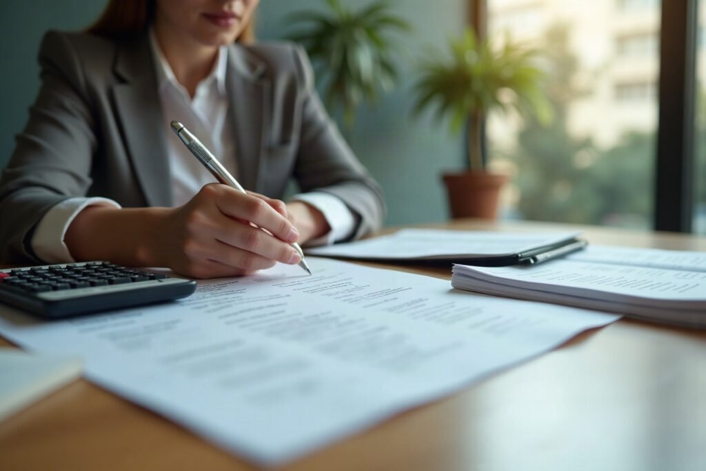 Imóvel pessoa física ou empresa: documentos de tributação e aluguel sendo analisados por contador em mesa de trabalho