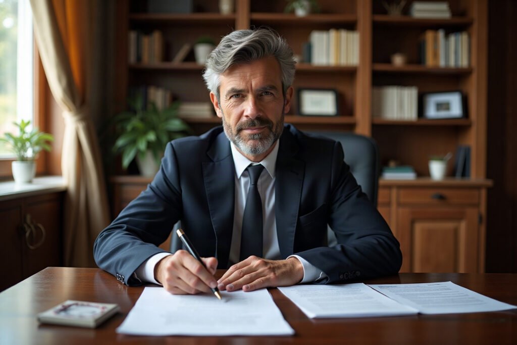 Executivo analisando documentos de estruturação legal empresa familiar em escritório de advocacia, com luz natural e