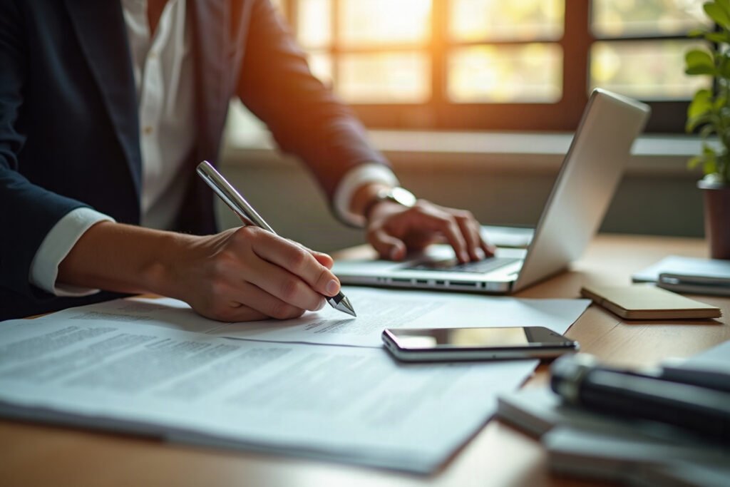 Separação patrimônio empresa familiar: mesa de trabalho com documentos e caneta, simbolizando reorganização patrimonial
